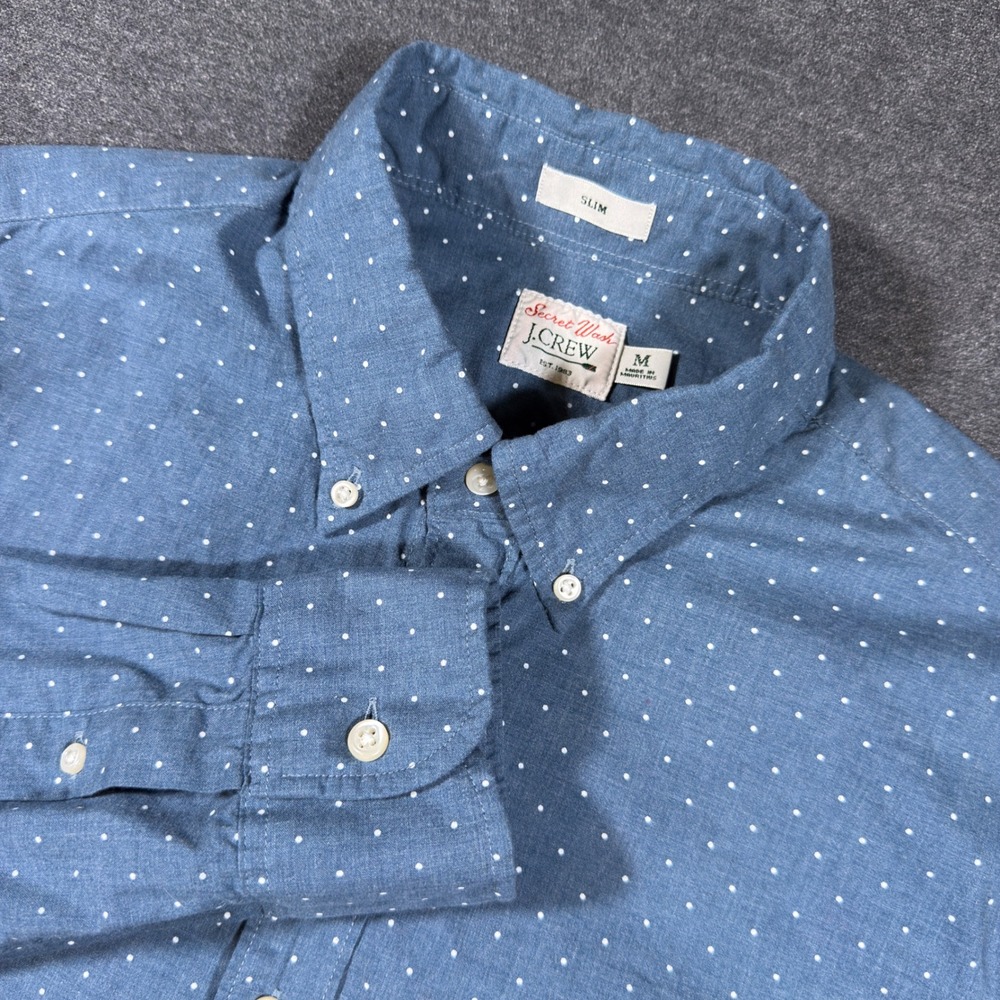 J.Crew Button Down Shirt Mens Medium Blue Polka Dot Secret Wash Slim Fit Cotton